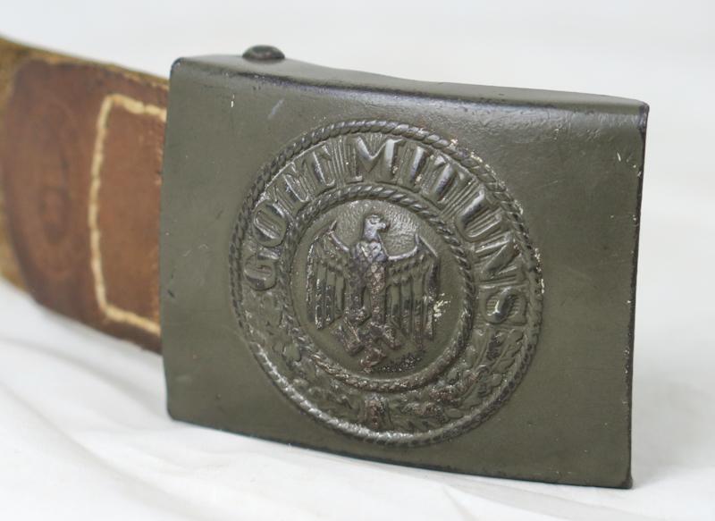 WW2 German army Steel belt buckle with leather tab -  ES 1941