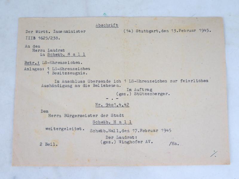 WW2 German Luftschutz air raid defence 2nd class medal with award document