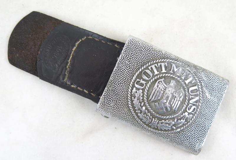 WW2 German army aluminium belt buckle with leather tab - Julius Maurer 1936